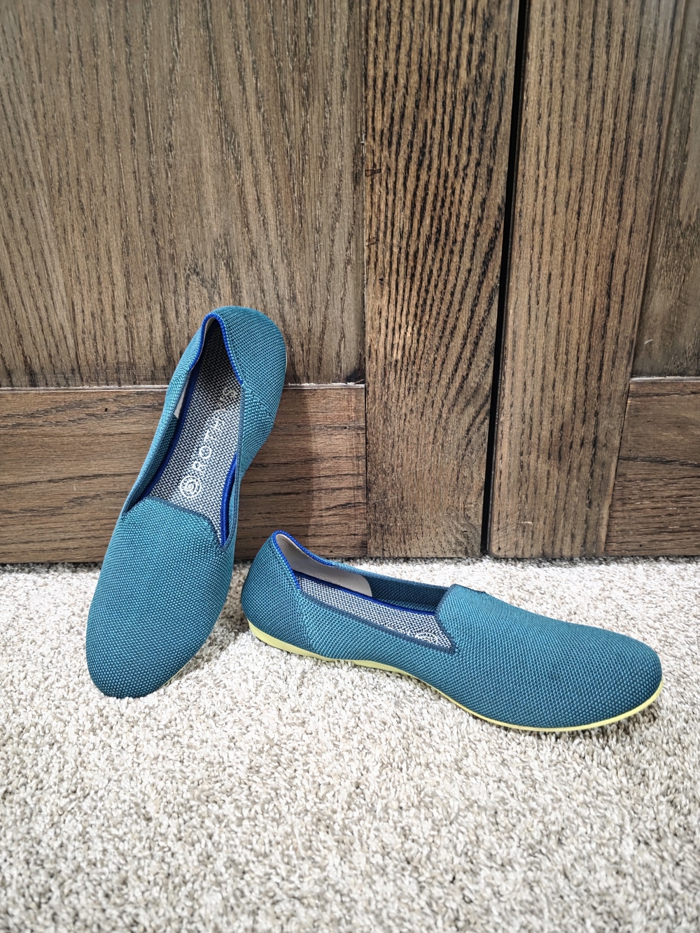 Rothy's Teal Slip-On Flats with Lime Trim